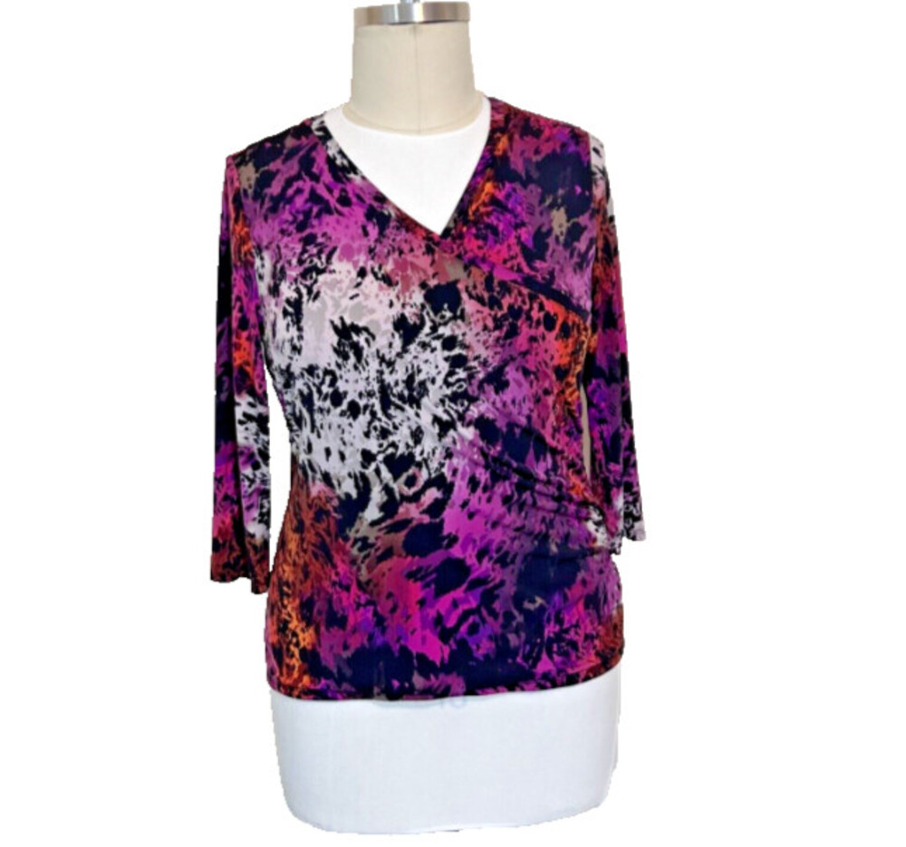 Premise - Women's XL Blouse Wrap Front Purple Black Abstract Print Long Sleeve